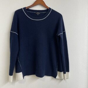 J.Crew Sweater Womens M Navy White Trim  100% Cashmere Pullover crew neck Cozy